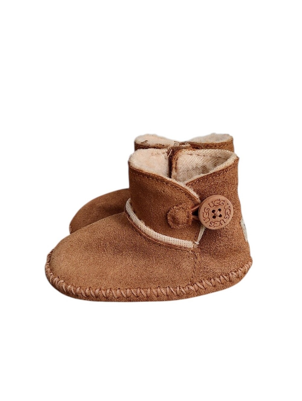 UGG Chestnut Brown Suede Baby Booties with Shearling Trim